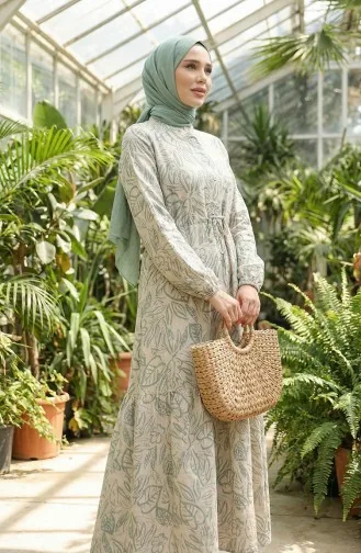 Vorne Geknöpftes Leinenkleid Mit Spitze 0520B-02 Beigegrün 0520B-02