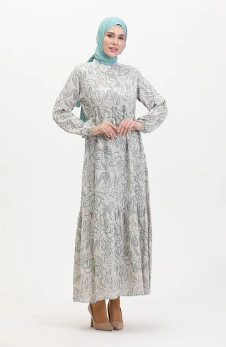 Vorne Geknöpftes Leinenkleid Mit Spitze 0520B-02 Beigegrün 0520B-02