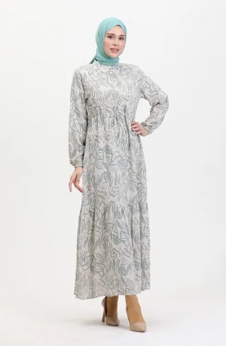 Vorne Geknöpftes Leinenkleid Mit Spitze 0520B-02 Beigegrün 0520B-02