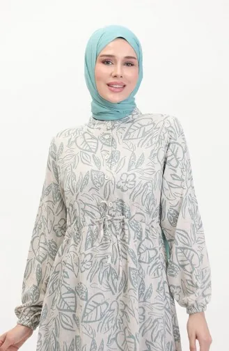 Vorne Geknöpftes Leinenkleid Mit Spitze 0520B-02 Beigegrün 0520B-02