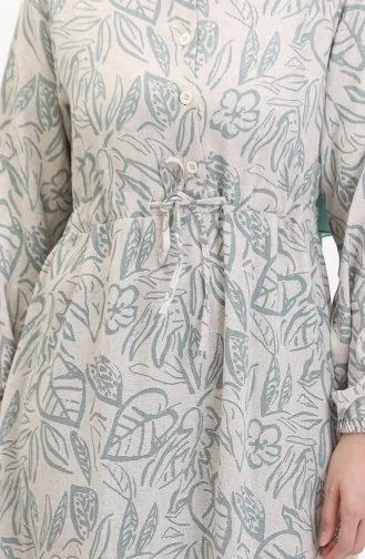 Vorne Geknöpftes Leinenkleid Mit Spitze 0520B-02 Beigegrün 0520B-02