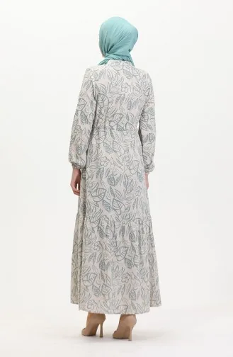 Vorne Geknöpftes Leinenkleid Mit Spitze 0520B-02 Beigegrün 0520B-02