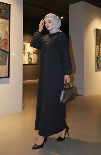 Knitted Fabric Winter Hijab Dress With Stone Embellishments 2178-01 Black 2178-01
