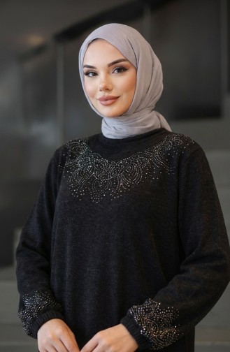 Knitted Fabric Winter Hijab Dress With Stone Embellishments 2178-01 Black 2178-01
