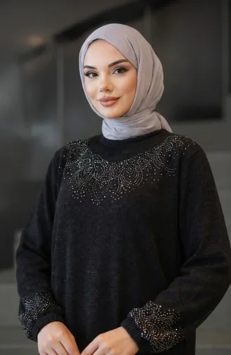 Örme Kumaş Kışlık Taş İşlemeli Tesettür Elbise 2178-01 Siyah