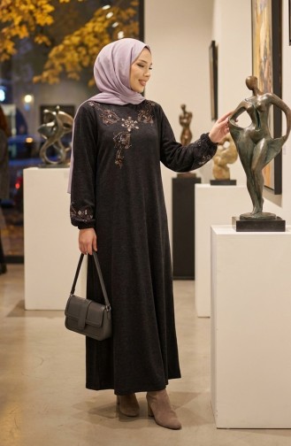 Knitted Fabric Winter Modest Dress With Button Detail 2179-01 Black 2179-01