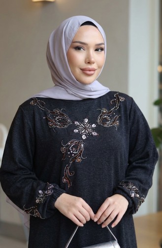 Knitted Fabric Winter Modest Dress With Button Detail 2179-01 Black 2179-01