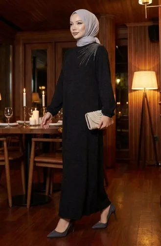 Gestricktes Winter Stone Besticktes Hijab-Kleid 2181-04 Schwarz 2181-04