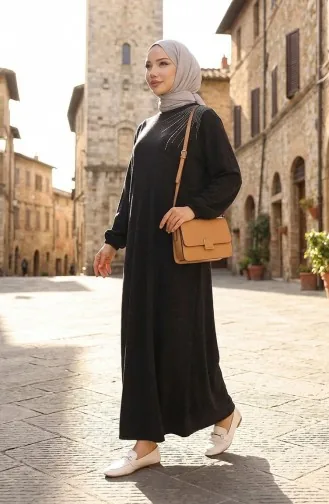 Gestricktes Winter Stone Besticktes Hijab-Kleid 2181-04 Schwarz 2181-04