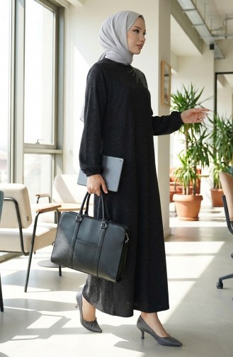 Knitted Winter Stone Embroidered Hijab Dress 2181-04 Black 2181-04