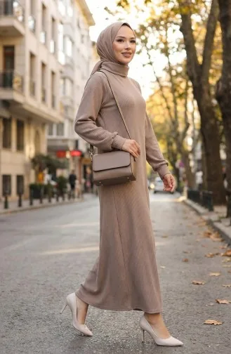 Robe Hijab Côtelée à Col Roulé 2188-01 Vison 2188-01