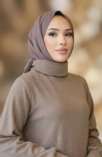 Robe Hijab Côtelée à Col Roulé 2188-01 Vison 2188-01