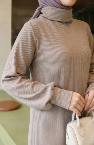 Robe Hijab Côtelée à Col Roulé 2188-01 Vison 2188-01