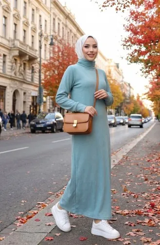 Robe Hijab Côtelée à Col Roulé 2188-02 Vert Clair 2188-02