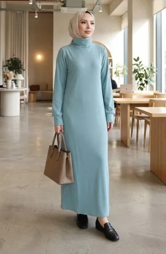 Robe Hijab Côtelée à Col Roulé 2188-02 Vert Clair 2188-02