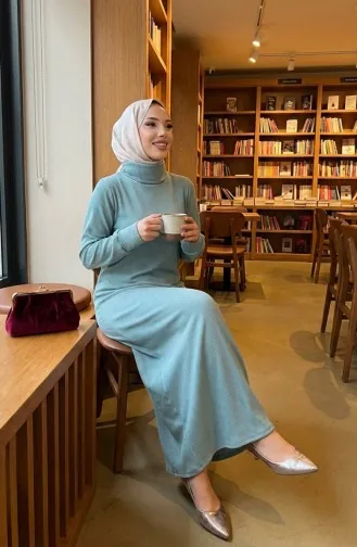 Robe Hijab Côtelée à Col Roulé 2188-02 Vert Clair 2188-02