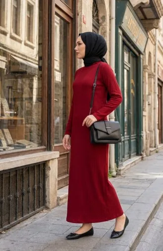 Robe Hijab Côtelée à Col Roulé 2188-03 Bordeaux 2188-03