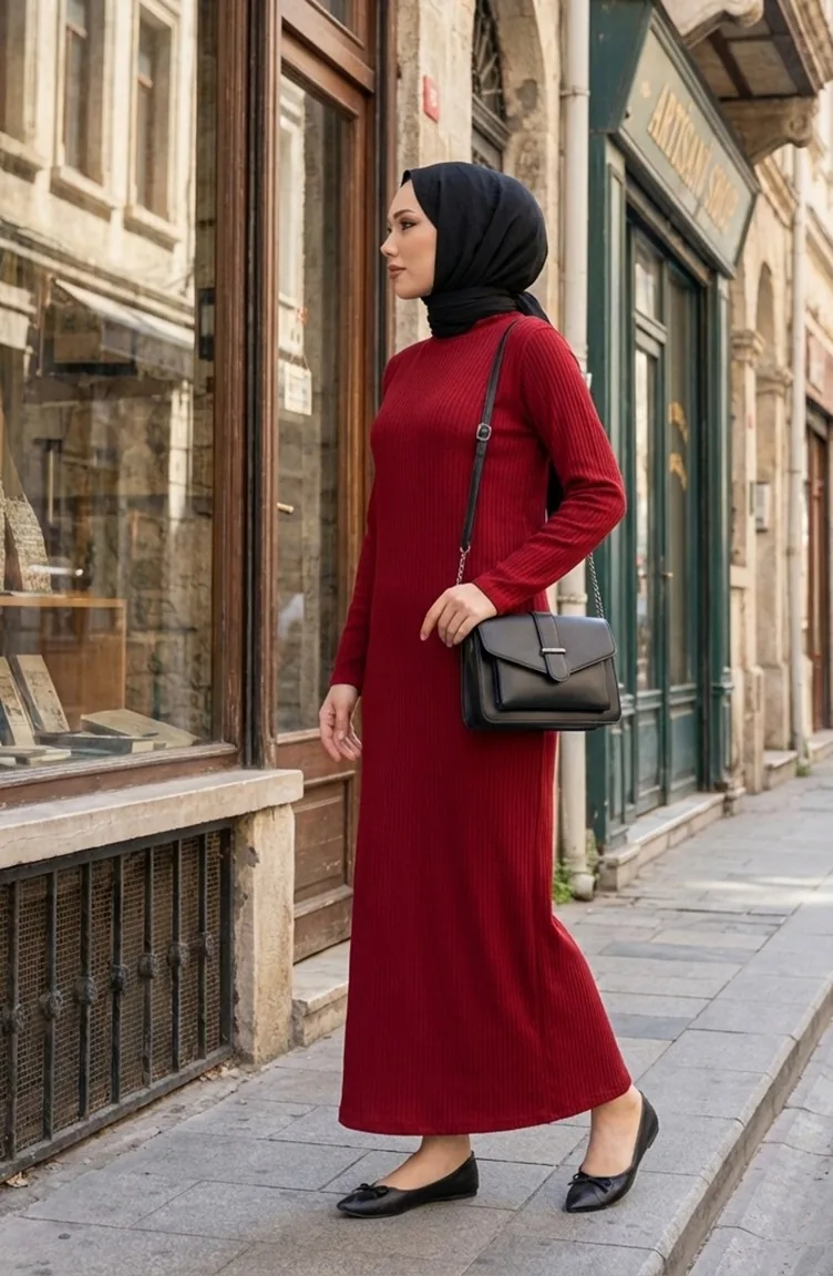 Robe Hijab Côtelée à Col Roulé 2188-03 Bordeaux 2188-03