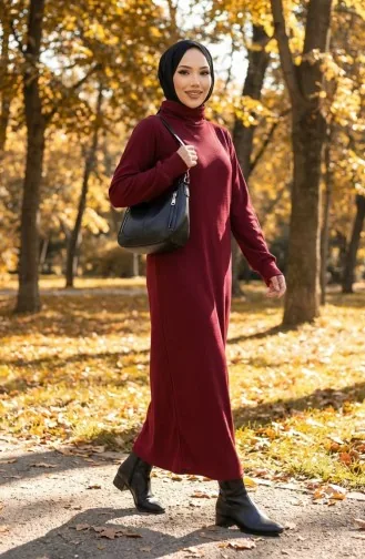 Robe Hijab Côtelée à Col Roulé 2188-03 Bordeaux 2188-03