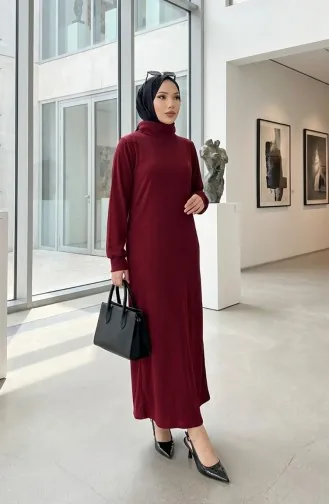 Robe Hijab Côtelée à Col Roulé 2188-03 Bordeaux 2188-03