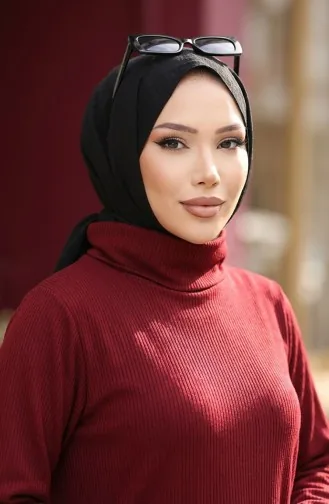 Robe Hijab Côtelée à Col Roulé 2188-03 Bordeaux 2188-03