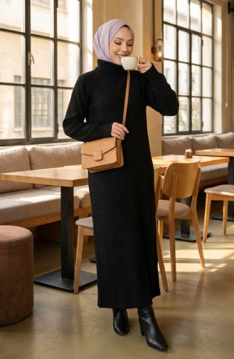Turtleneck Ribbed Hijab Dress 2188-04 Black 2188-04