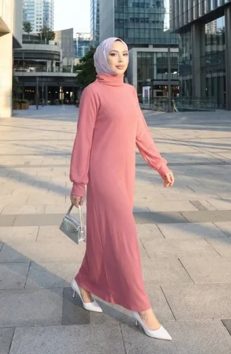 Geripptes Hijab-Kleid Mit Rollkragen 2188-05 Puderrosa 2188-05