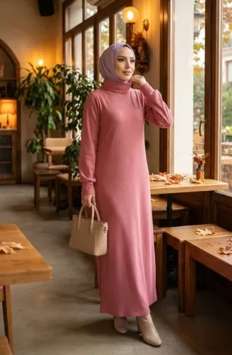 Geripptes Hijab-Kleid Mit Rollkragen 2188-05 Puderrosa 2188-05