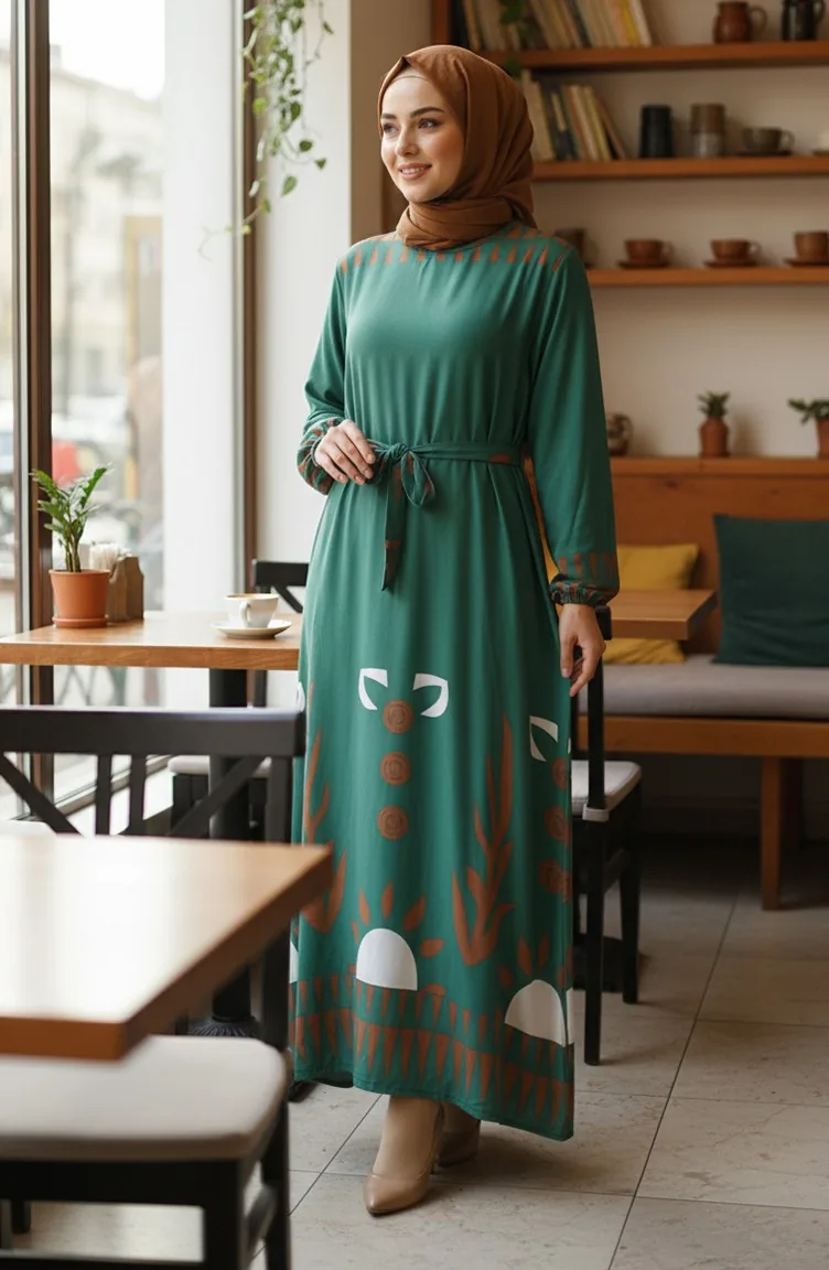 Gemustertes Viskose-Hijab-Kleid Mit Elastischen Ärmeln Und Gürtel 2207-01 Grün 2207-01