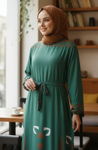 Gemustertes Viskose-Hijab-Kleid Mit Elastischen Ärmeln Und Gürtel 2207-01 Grün 2207-01