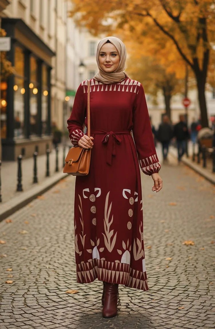 Gemustertes Viskose-Hijab-Kleid Mit Elastischen Ärmeln Und Gürtel 2207-02 Burgunderrot 2207-02