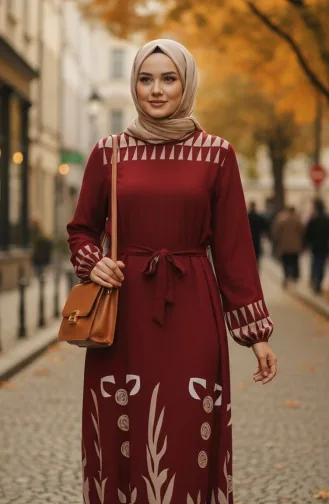 Gemustertes Viskose-Hijab-Kleid Mit Elastischen Ärmeln Und Gürtel 2207-02 Burgunderrot 2207-02