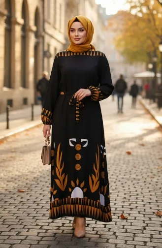 Patterned Viscose Hijab Dress With Elasticated Sleeves And Belt 2207-03 Black 2207-03
