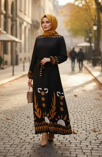Patterned Viscose Hijab Dress With Elasticated Sleeves And Belt 2207-03 Black 2207-03