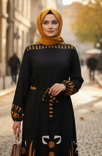 Patterned Viscose Hijab Dress With Elasticated Sleeves And Belt 2207-03 Black 2207-03