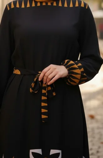 Patterned Viscose Hijab Dress With Elasticated Sleeves And Belt 2207-03 Black 2207-03