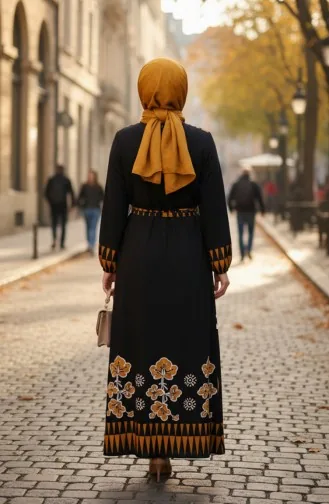 Patterned Viscose Hijab Dress With Elasticated Sleeves And Belt 2207-03 Black 2207-03