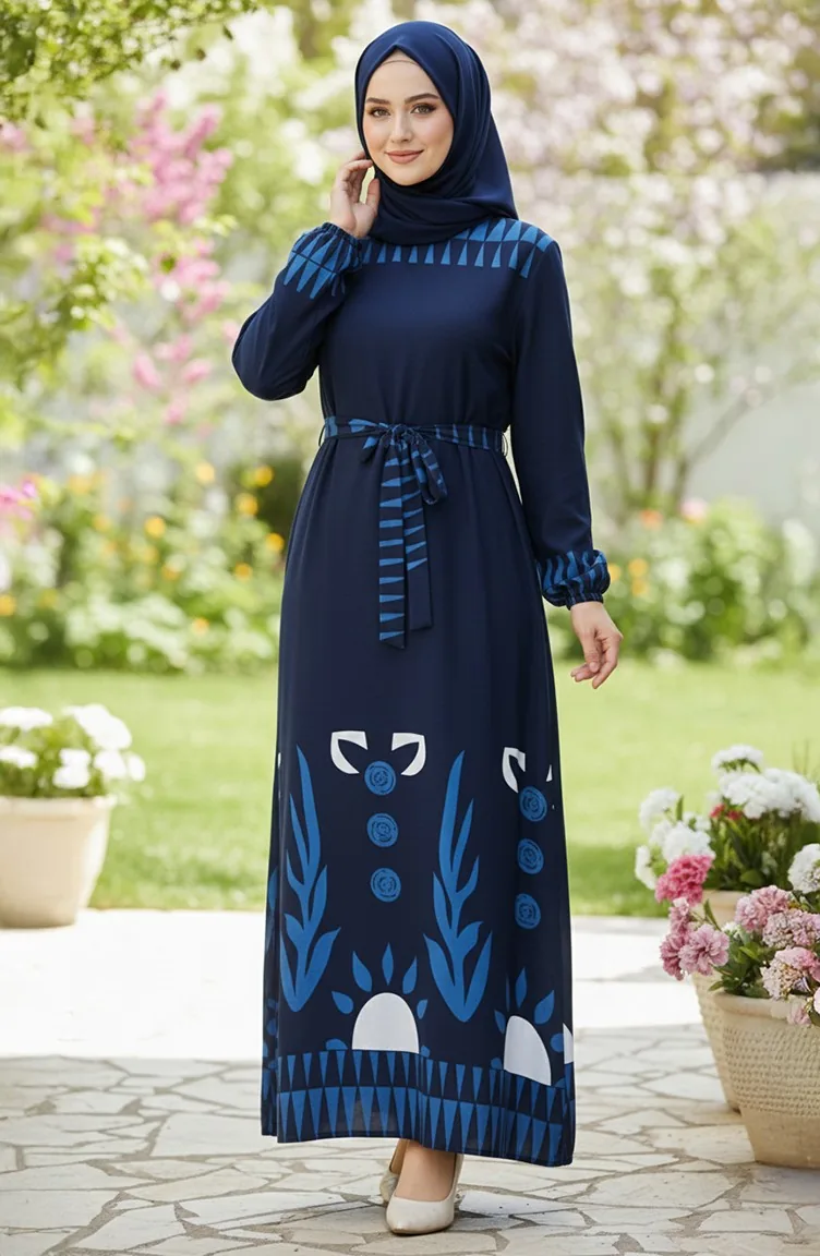 Gemustertes Viskose-Hijab-Kleid Mit Elastischen Ärmeln Und Gürtel 2207-04 Marineblau 2207-04