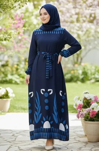 Gemustertes Viskose-Hijab-Kleid Mit Elastischen Ärmeln Und Gürtel 2207-04 Marineblau 2207-04