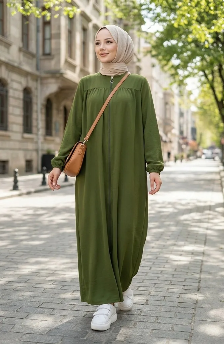 Abaya Zippée à Manches élastiques 2035-05 Kaki 2035-05