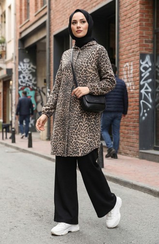 Hooded Button-Down Leopard Print Cashmere Coat 0226-07 Anthracite Beige 0226-07