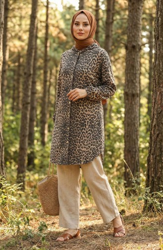 Hooded Button-Down Leopard Print Cashmere Coat 0226-07 Anthracite Beige 0226-07