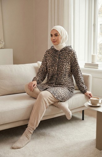 Hooded Button-Down Leopard Print Cashmere Coat 0226-07 Anthracite Beige 0226-07