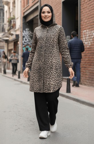 Hooded Button-Down Leopard Print Cashmere Coat 0226-07 Anthracite Beige 0226-07