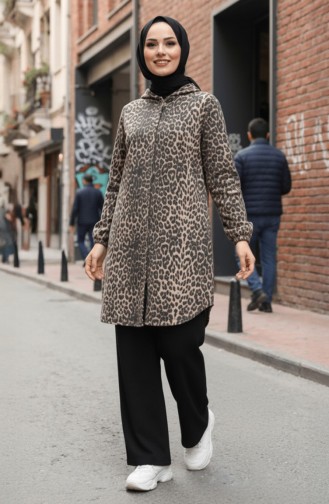 Hooded Button-Down Leopard Print Cashmere Coat 0226-07 Anthracite Beige 0226-07