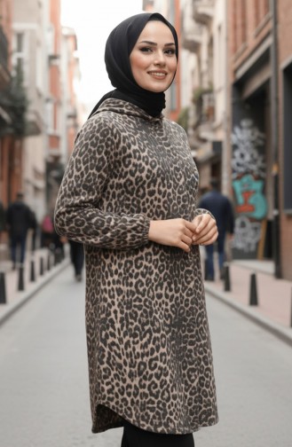 Hooded Button-Down Leopard Print Cashmere Coat 0226-07 Anthracite Beige 0226-07
