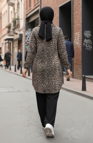 Hooded Button-Down Leopard Print Cashmere Coat 0226-07 Anthracite Beige 0226-07