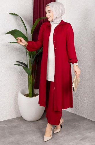 Viskon Belmando Kumaş Tunik Pantolon İkili Takım 0340-02 Kırmızı
