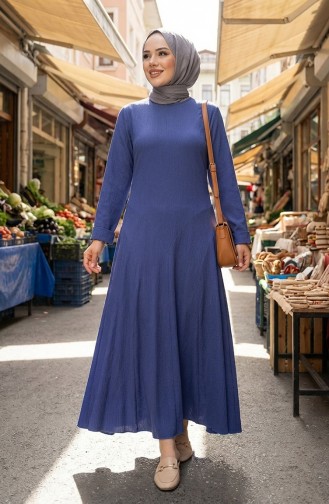 Volan Detaylı Bürümcük Elbise 7132-04 Mavi 7132-04