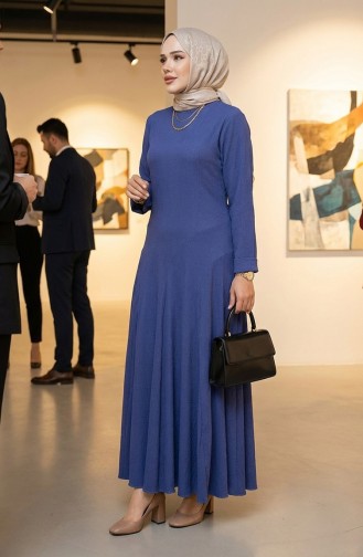 Volan Detaylı Bürümcük Elbise 7132-04 Mavi 7132-04